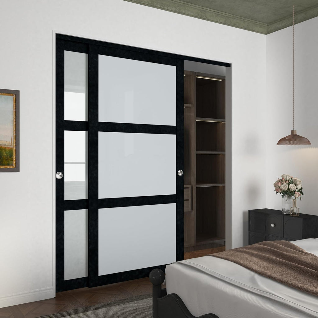 72x80 Sliding Closet Door, 3-Panels Preassembled Frosted Glass Door Panel with Hardware Kits & Match