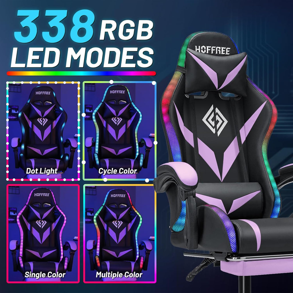 Gaming Chair with Bluetooth Speakers RGB LED Lights Computer Chair-Purple | Ergonomic Massage Game Chair with