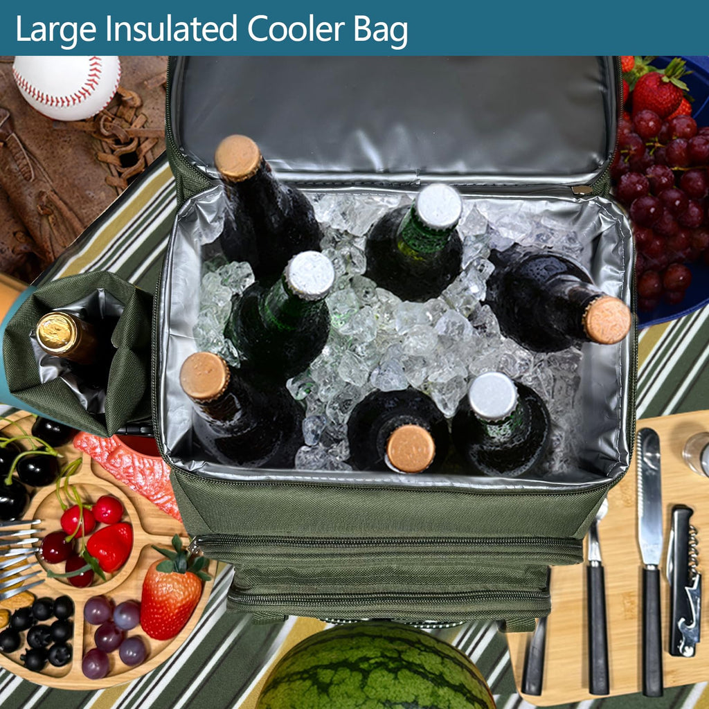 Picnic Basket Backpack for 4 Person with Blanket, Insulated Leakproof Cooler Compartment, Wine Holder, Cutlery Set