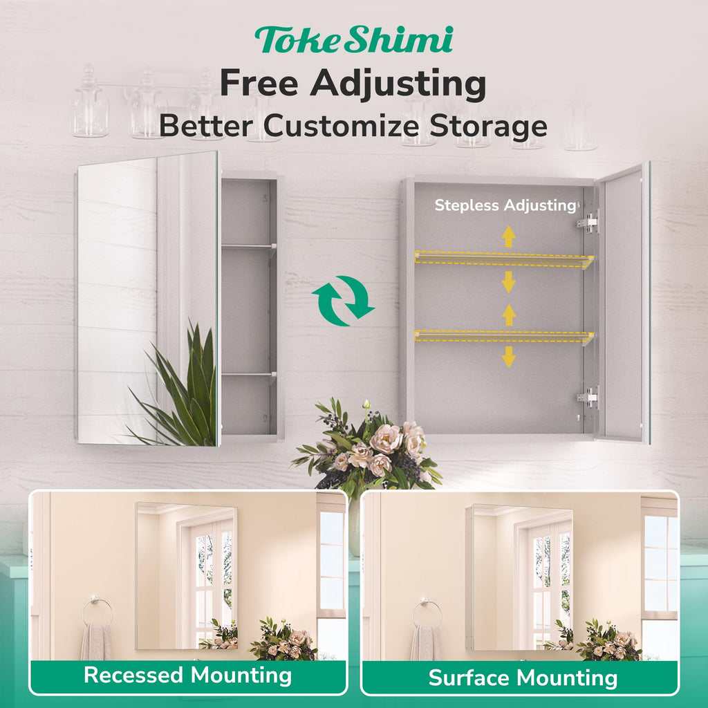 16x24 Bathroom Medicine Cabinet with Mirror, Aluminum Silver Recessed or Surface Mount with Adjustable Storage Metal