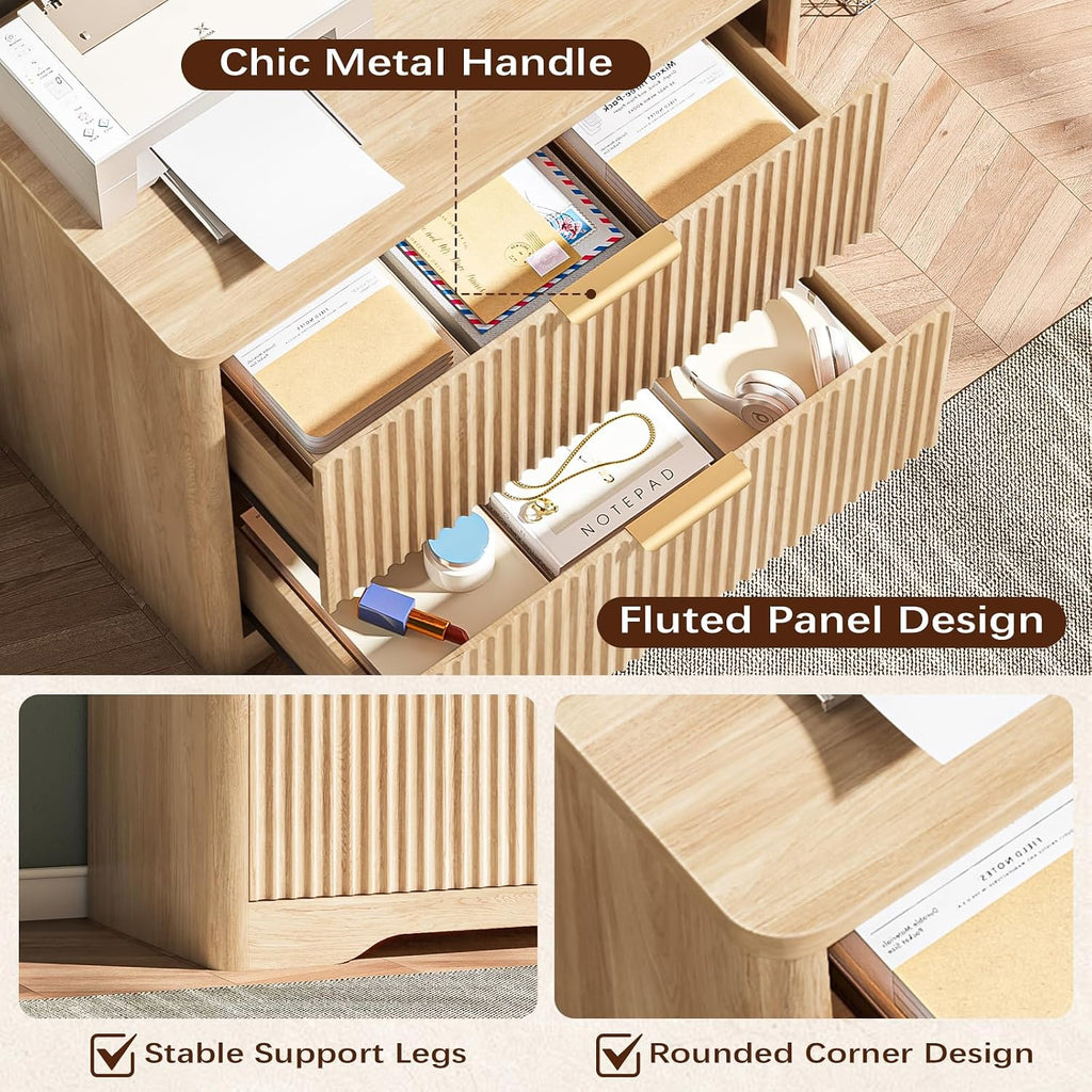 Lateral File Cabinet with 2 Drawers, Natural Oak Fluted Filing Cabinet | Fluted File Cabinet for Letter/Legal/A4 Size