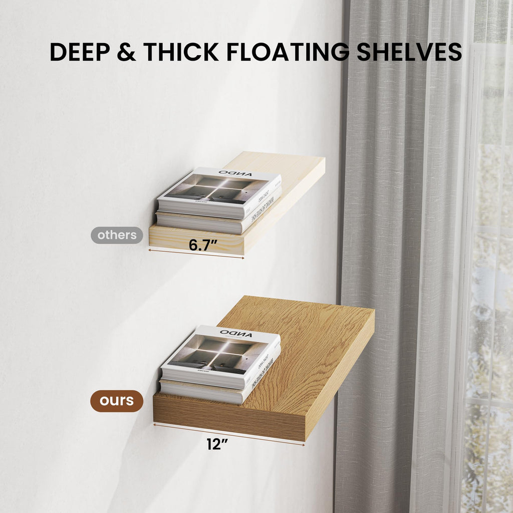 48" Floating Shelves for Wall, 12" Deep Thicker Oak Floating Shelves, Wall-Mounted Shelves - Set of 2