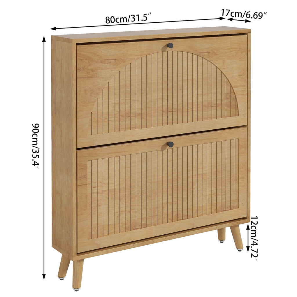 Shoe Storage Cabinet with 2 Fluted Flip Drawers, Oak