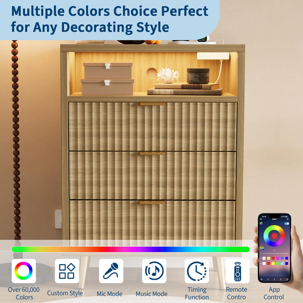 28"W 3 Drawers Dresser with LED and Charging Station, Oak