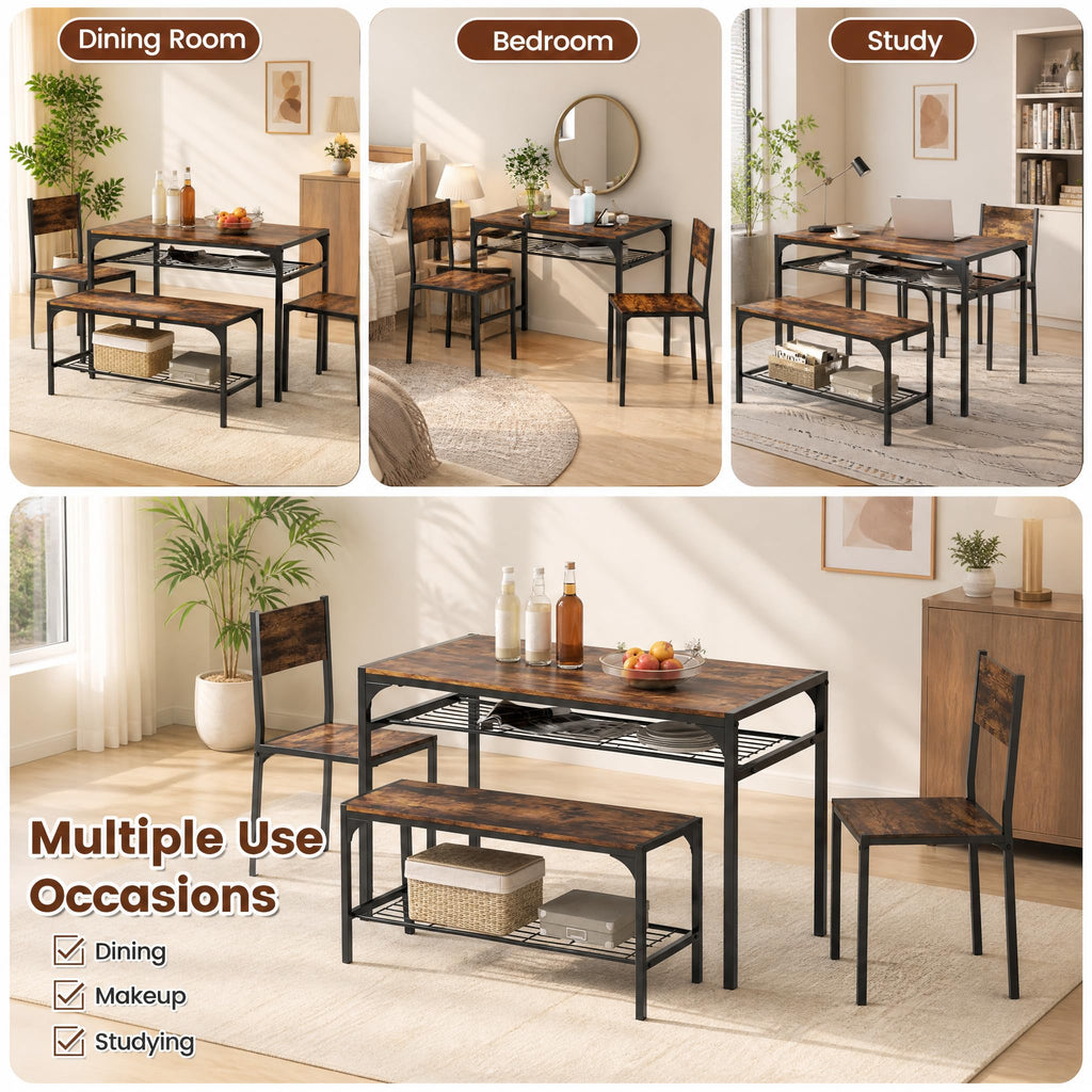 Dining Table Set for 4 with Bench & 2 Chairs, Storage Racks