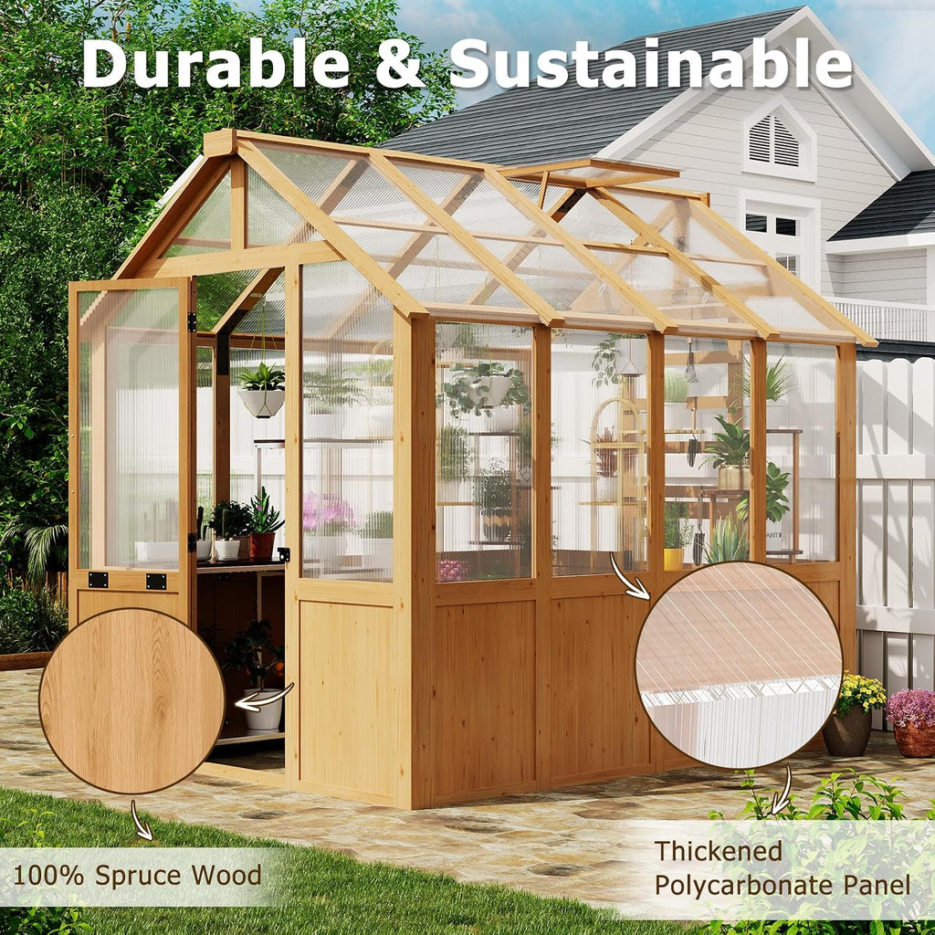 6x8 FT Wooden Greenhouse for Outdoors, Walk-in Greenhouse Kit with 4mm Polycarbonate Panels, Adjustable Roof Vent and