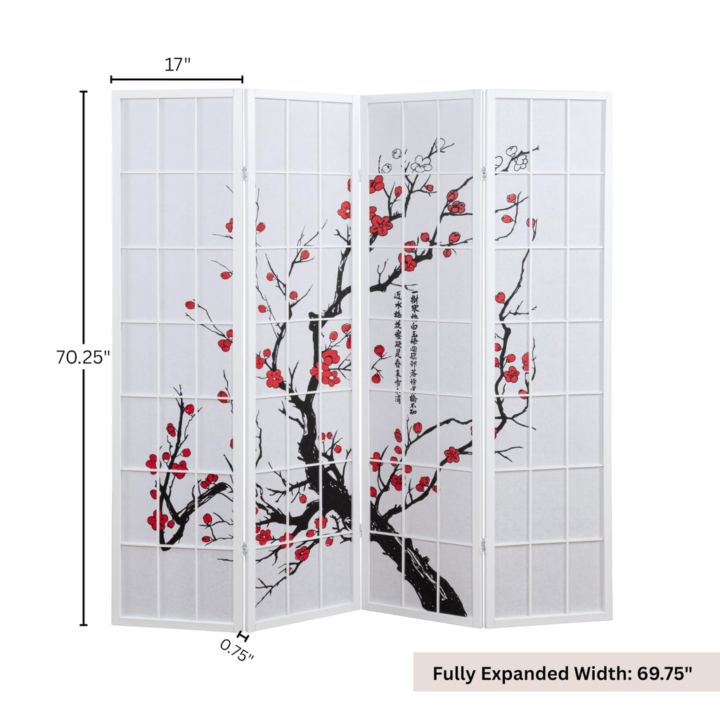 White Japanese 4-Panel Screen Room Divider, Plum Blossom