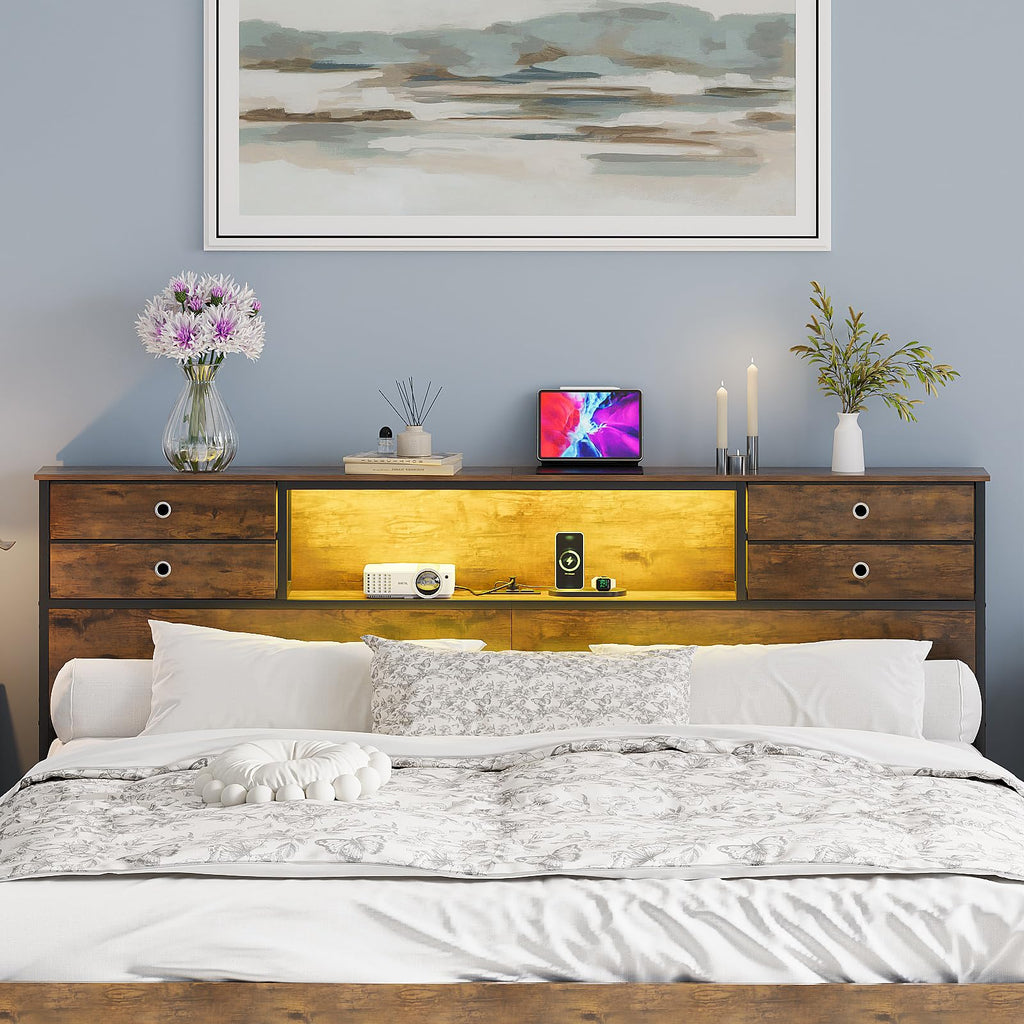 Headboard with 4 Fabric Storage Drawers Charging Station LED Light Adjustable Height Storage Rack Sturdy