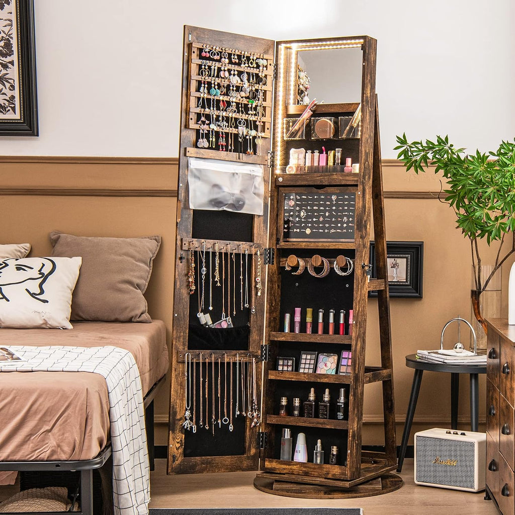 360° Swivel Jewelry Armoire with Full Length Mirror, Rear Storage Shelves, Lockable Standing Jewelry Cabinet