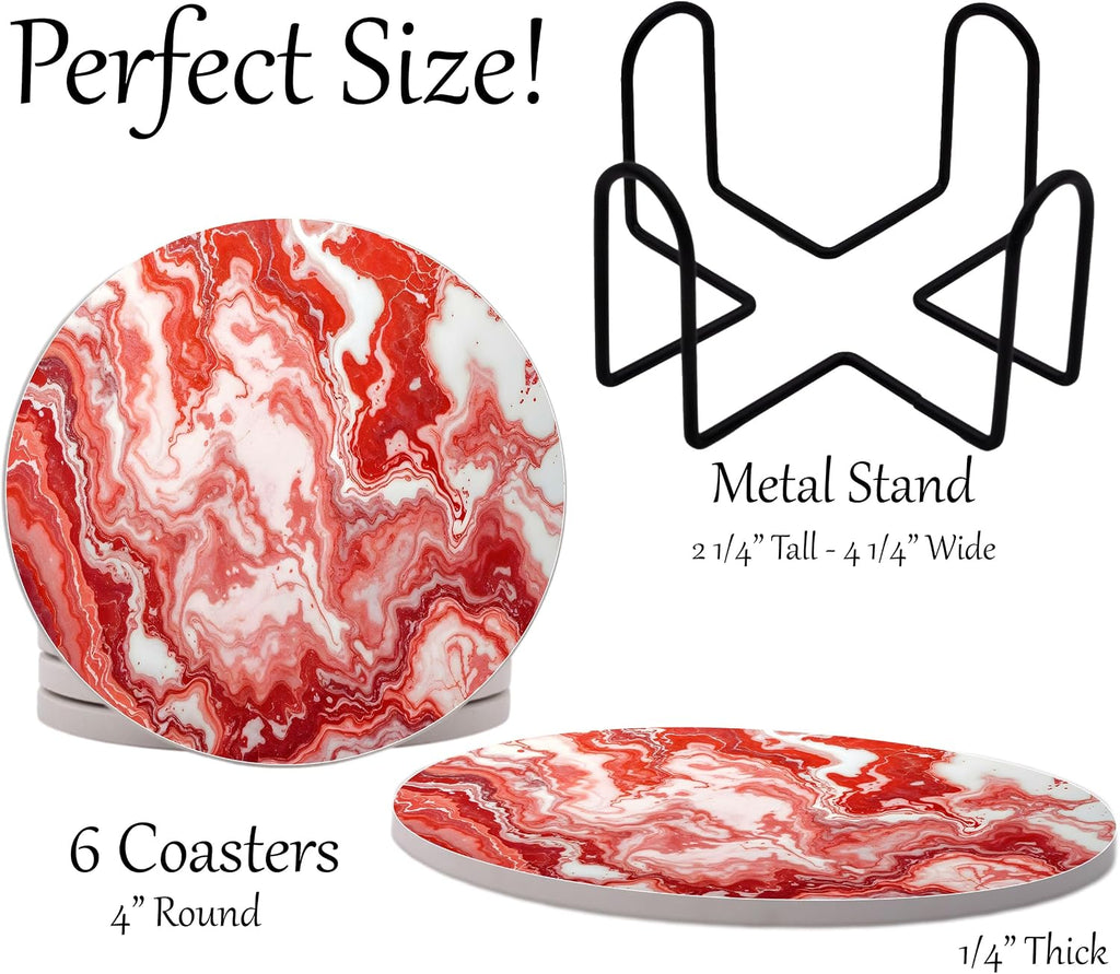 Light Red Agate Marble Round Coasters - Abosrbent Ceramic Coasters with Metal Stand for Drinks, Coffee - Set of 6