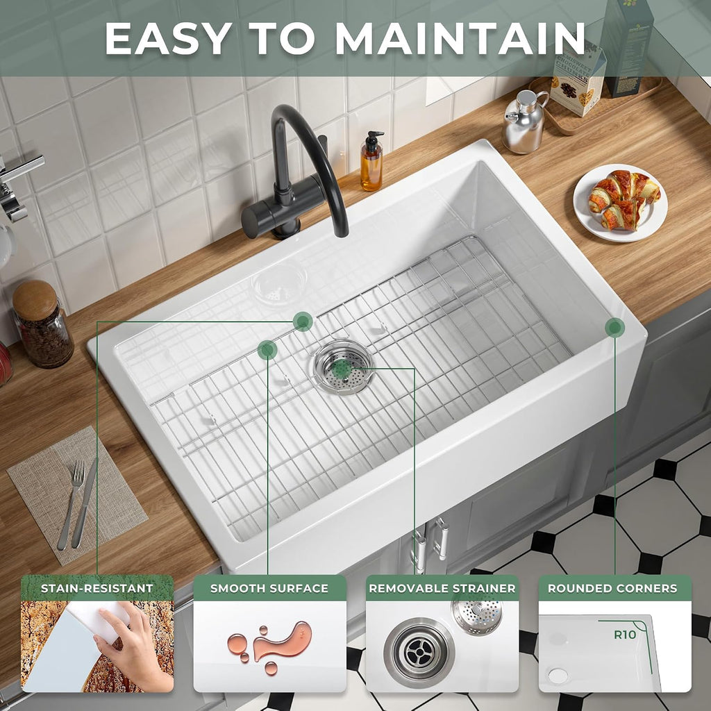 Self Trimming Farmhouse Sink 33 Inch, White Fireclay Kitchen Sink | Tall Apron Front 33"Wx20"Dx10"H , Heavy Duty,Farm