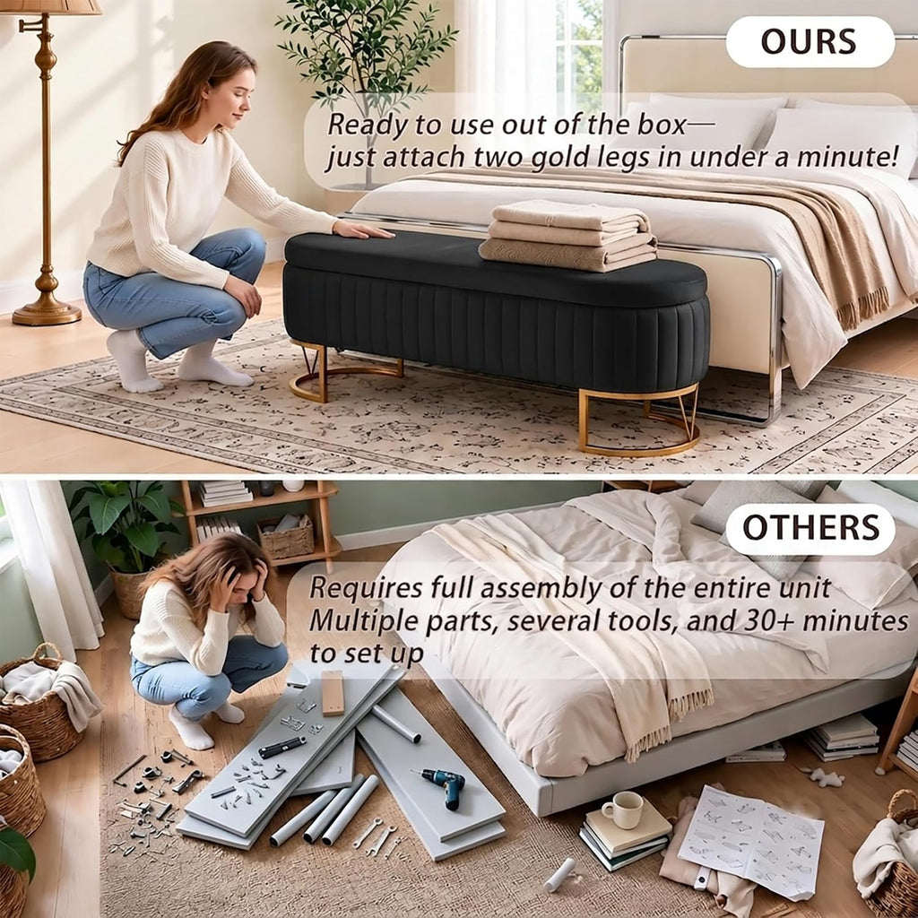 46" Storage Ottoman Bench, Velvet Oval End of Bed Bench Black | Easy 1-Min Assembly, High-Resilience Foam, Large