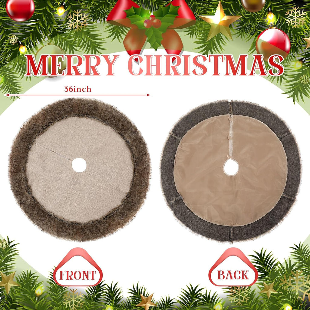 36 Inch Christmas Tree Skirt Burlap Brown Faux Fur Plush Xmas