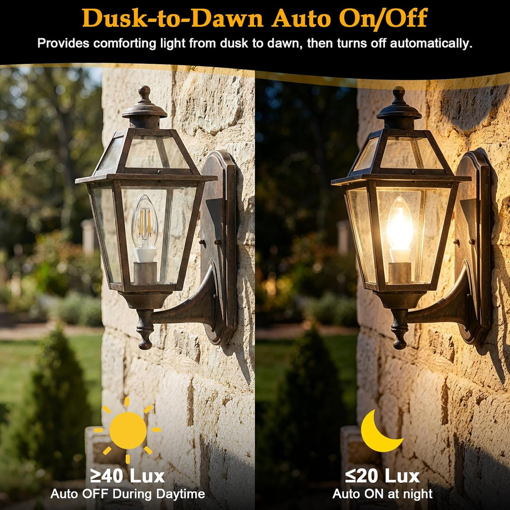 E12 Dusk to Dawn Light Bulbs Outdoor, C35 B11 5W 60W Equivalent 500LM 2700K Soft White Photocell Sensor Filament