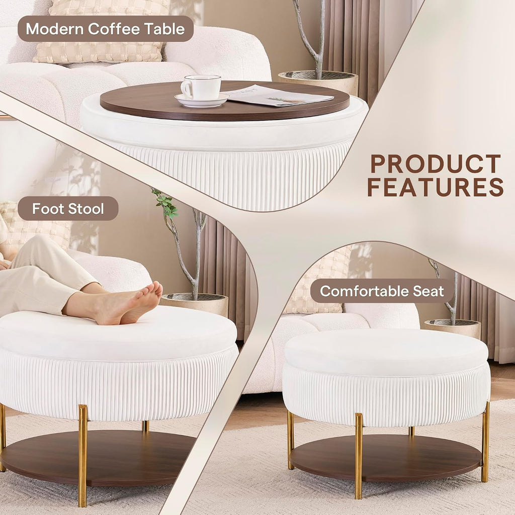 28.5 Inch Round Coffee Table Ottoman with Storgae | Modern Large Upholstered Circle Storgae Ottoman with Removable