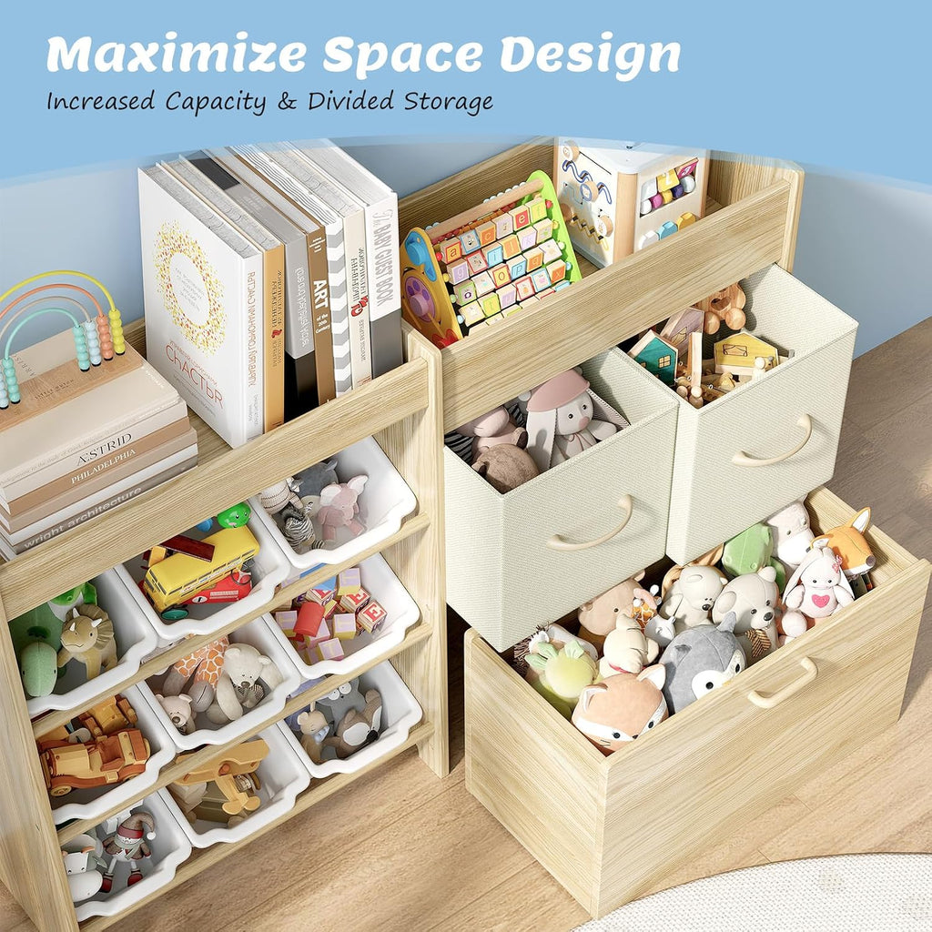 Toy Storage Organizer for Kids, 9-Bin Toy Organizer with 2-Drawers, Movable Toy Chest and Top Rack, Multifunctional