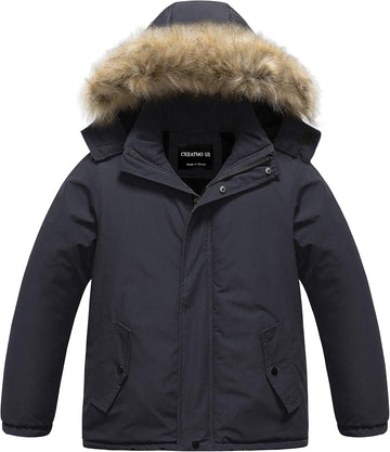 Boys' Waterproof Snow Coat Parka Windproof Winter Jacket With Detachable Fleece Hood