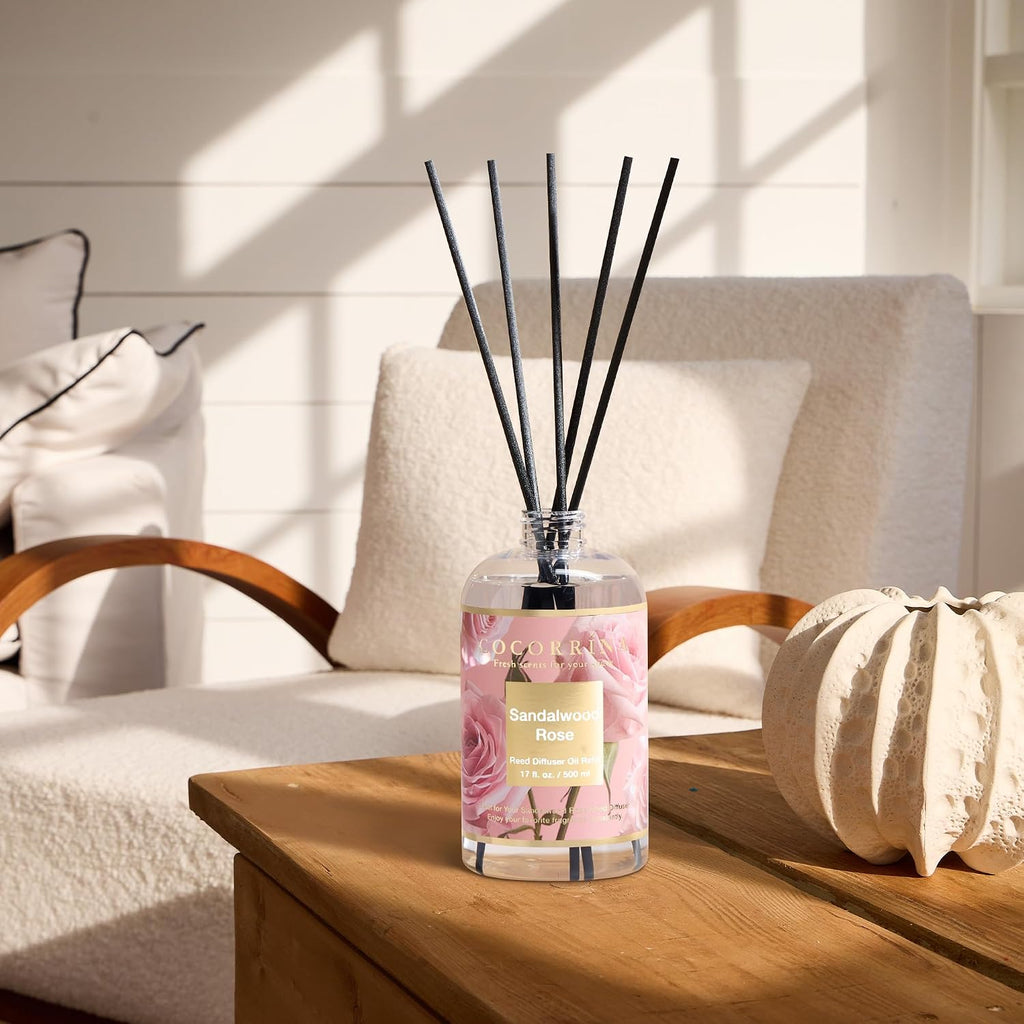 Reed Diffuser Refill Sandalwood Rose 17oz (500ml) with 8 Sticks - Premium Long-Lasting Floral Essential Oil, Home - Set of 17