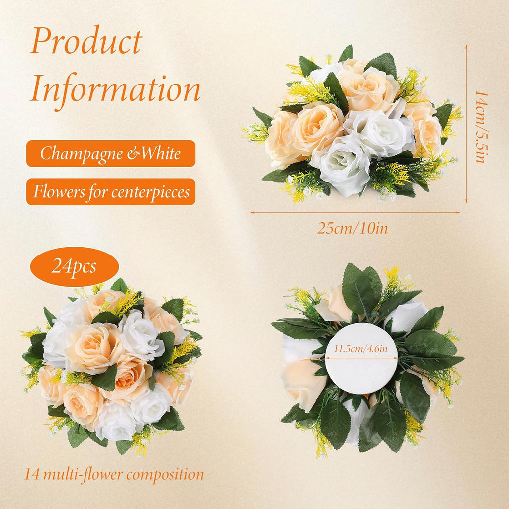 Silk Rose Flower Balls,Champagne, White - Set of 24