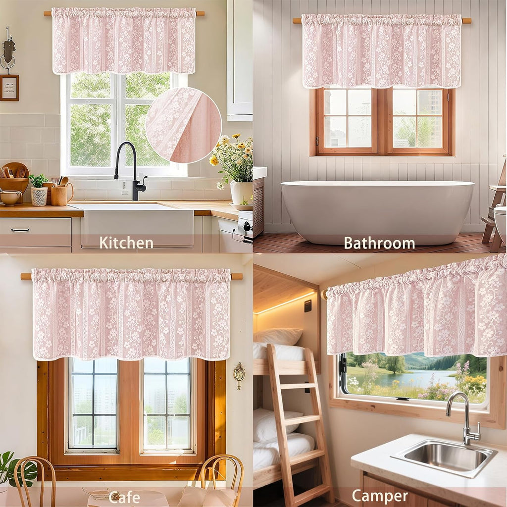 Linen Valances for Windows Farmhouse, Double Layers Kitchen Curtains with Linen and Lace, Rustic Valance Curtains for