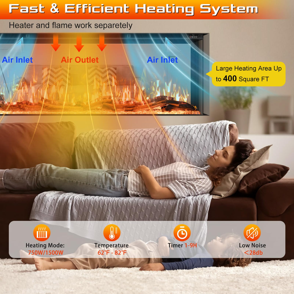 80 inch 3 Sided 3D Mirrored Electric Fireplace Inserts, Smart WiFi Built-in Linear Fire Place Heater 1500/750W with
