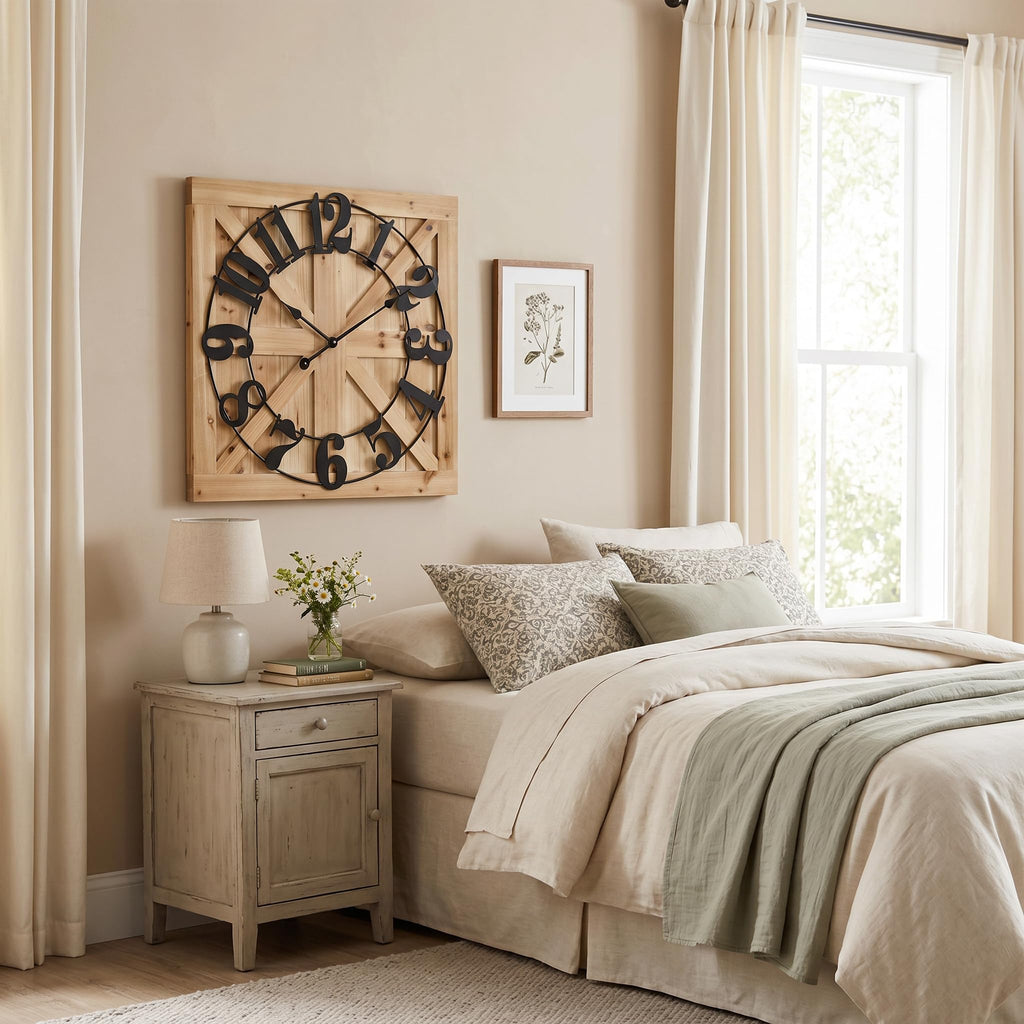 24 Inch Large Square Wood Wall Clock - Rustic Farmhouse Wall Decor, Silent Non-Ticking Battery Operated Clock with