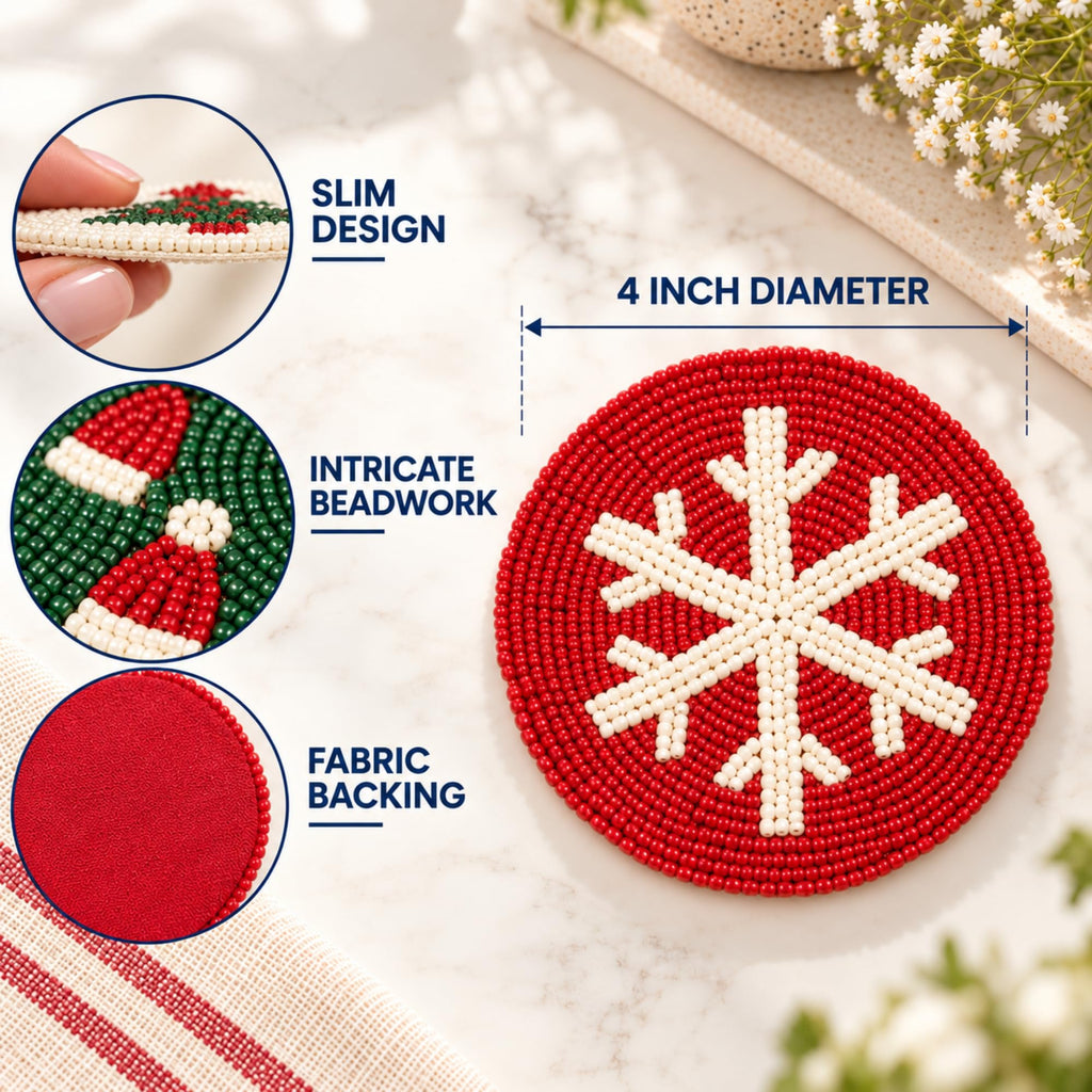 Christmas Coasters Set of 4 Beaded Coasters with Christmas Theme