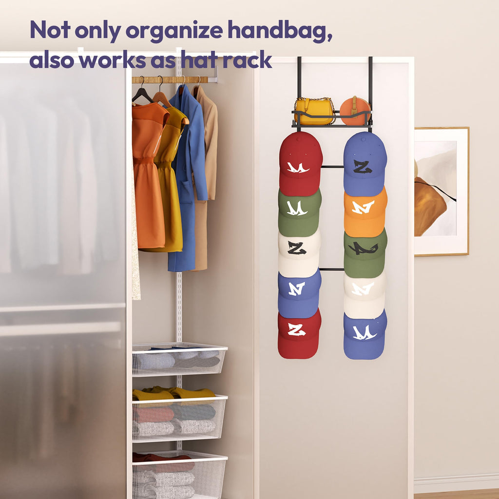 Over The Door Purse Organizer - Wall Mounted Purse Rack with 10 Hooks and Metal Basket, Handbag Hanger Organizer