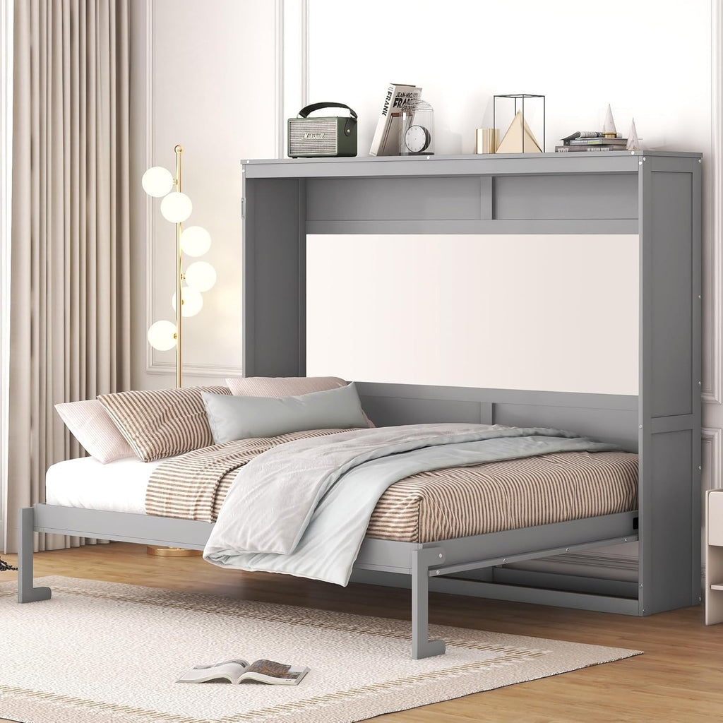 Modern Farmhouse Solid Wood Murphy Bed Chest, Wall Bed with Wood Slat Support/No Box Spring Needed/Space