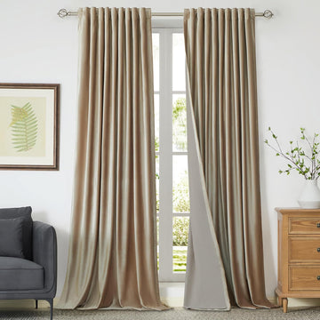 100% Full Blackout Champagne Beige Velvet Curtains 84 inch Long,Set of 2 Liner Rod Pocket Back Tab Thermal Window