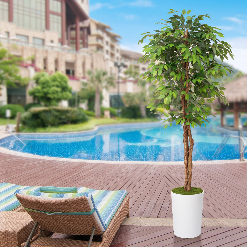 7Ft Artificial Ficus Tree in Large Tall Planter - Faux Indoor Plant with Realistic Wood Trunk - Large Tall Fake Plant