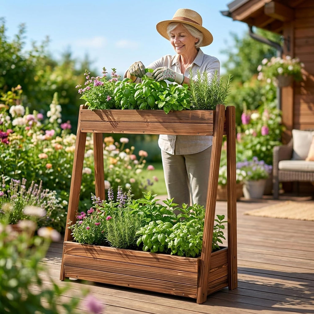 36" 2-Tier Fir Wood Elevated Raised Garden Bed | Outdoor Wood Planter Box for Vegetables Herbs Flowers, Tall Planter