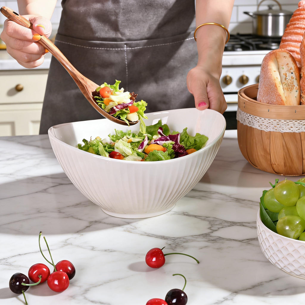 60oz Large Ceramic Salad Bowl with Acacia Wood Utensils, 10" Oval White Serving Bowl for Soup, Pasta, Fruit, Snacks