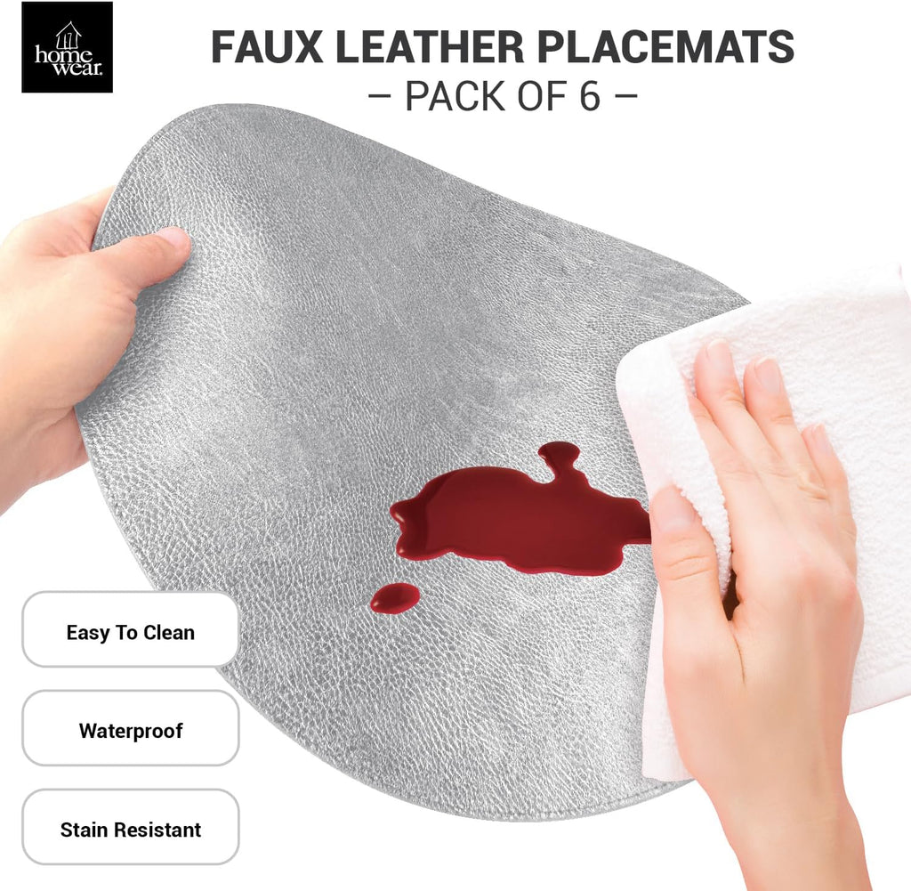 Morgan Faux Leather Round Placemats, 15", Silver, Heat Resistant, Stain Resistant, Non-Slip, Reversible - Set of 12