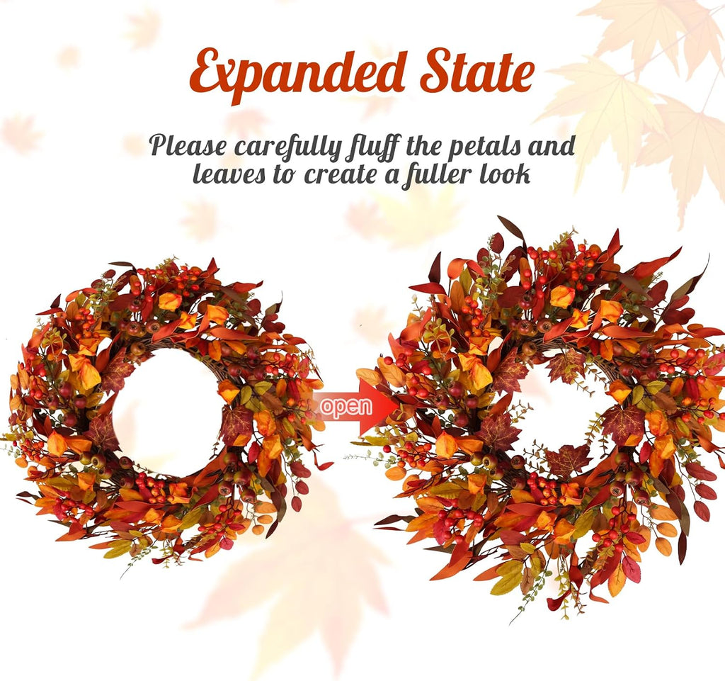 24 inch Berry Branches Fall Wreath for Front Door with Colorful Leaves