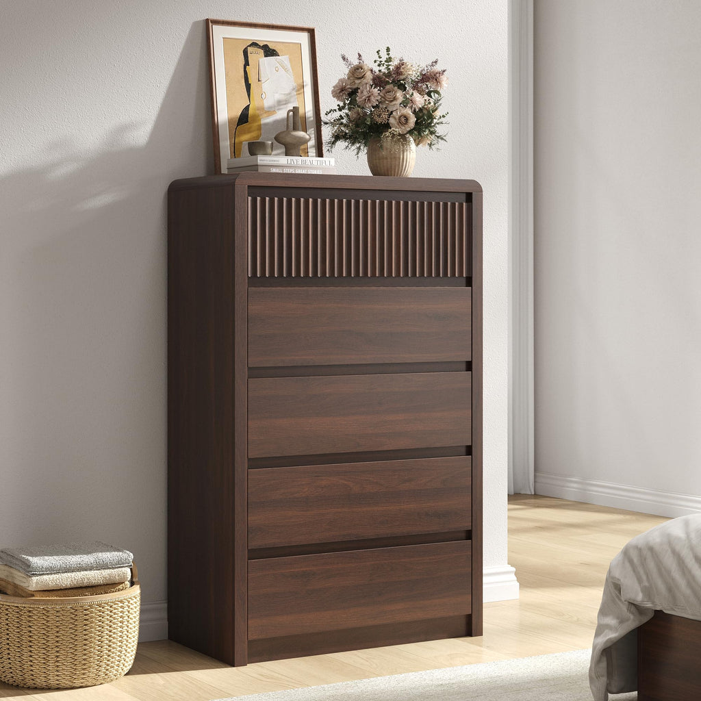 Fluted 5 Drawer Dresser, 48" Tall Modern Dresser & Chest of Drawers with Curved Profile Design, Wood Mid Century
