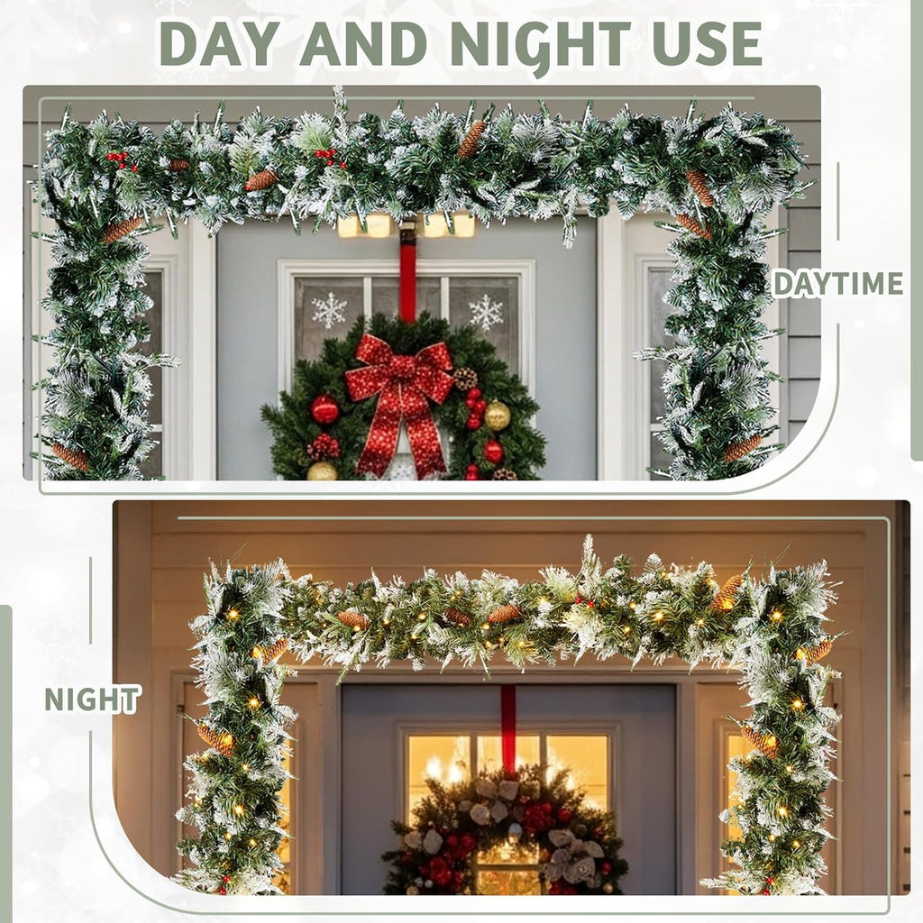 2 Pack 9 FT Snow Flocked Christmas Garland, 200 Warm Lights