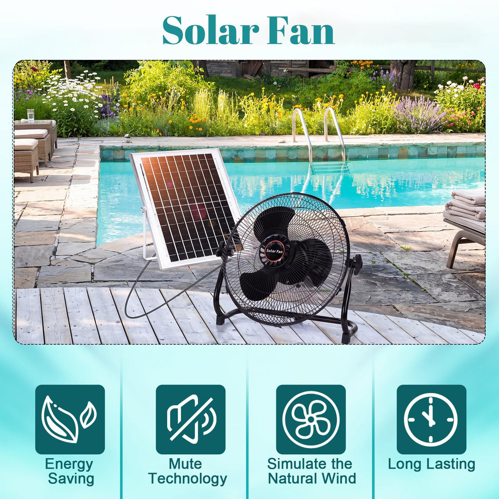 12 Inch Black Solar Panel Powered Fan, 12W 9V Portable