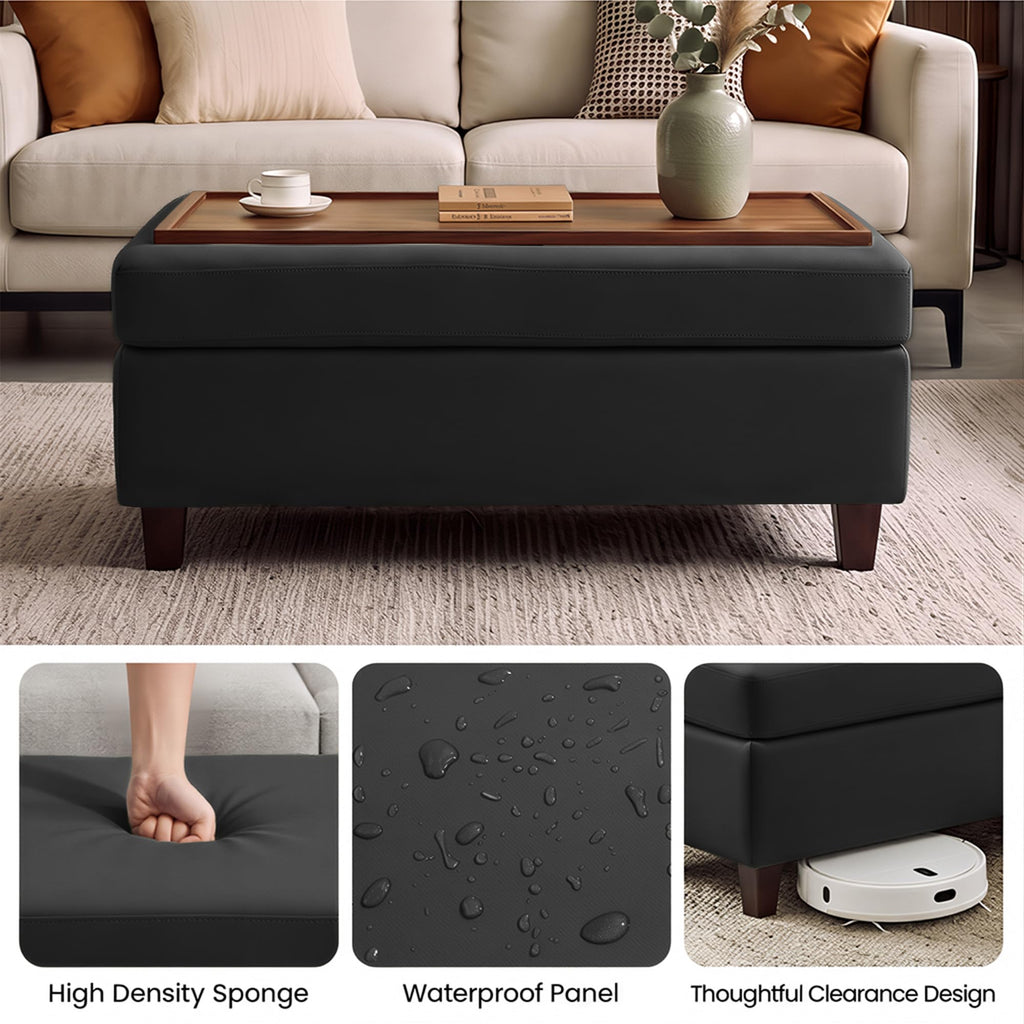 45" Ottoman Coffee Table with Storage, Reversible Wooden Tray Top, Large Storage Ottoman Bench, Leather Upholstered