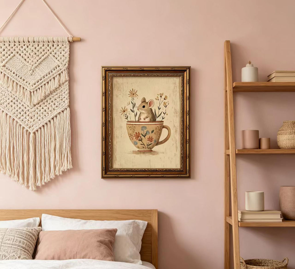 Vintage Gold Framed Mouse Wall Art, Rat in Floral Teacup Canvas Print, Cottagecore Whimsical Animal Picture Wall