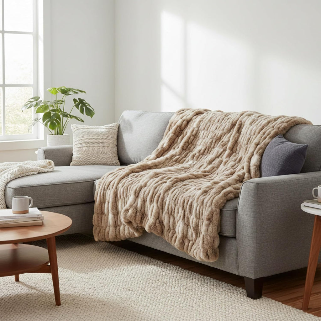 Oversized Ruched Faux Fur Blanket, Taupe, 60" x 80" | Plush Polyester Faux Fur Queen-Size Throw Blanket for Sofas and