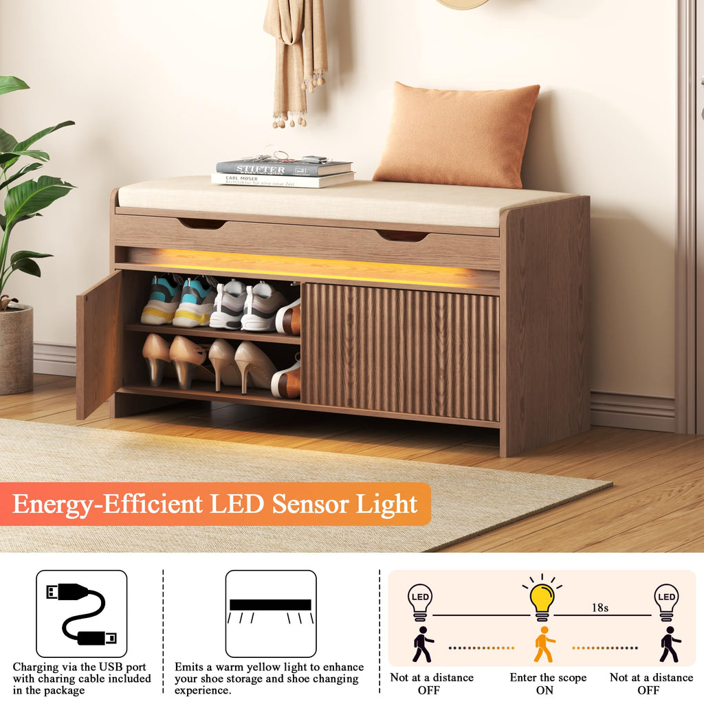 Shoe Storage Bench, Modern Entryway Bench with Fluted Doors & Built-in LED Sensor Light, Wooden Shoe Bench with