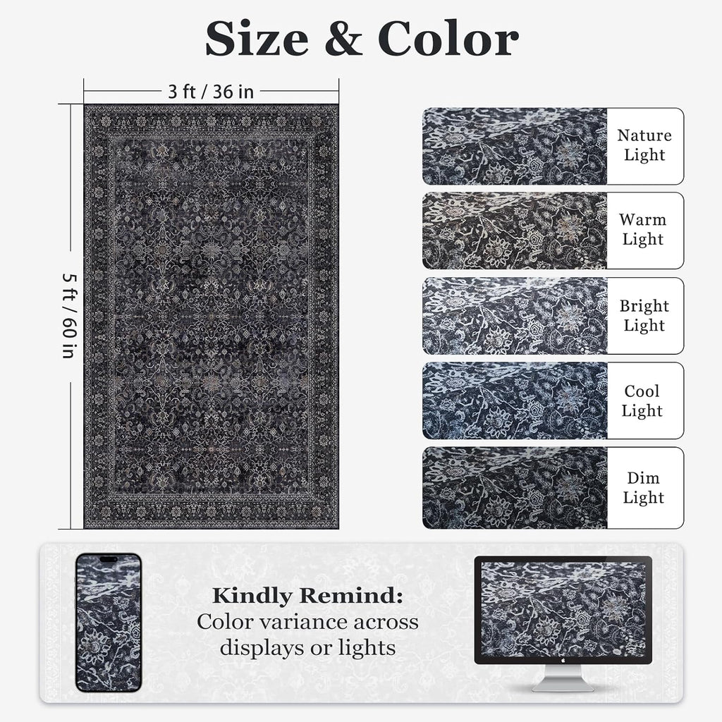 Vintage Dark 3x5 Entryway Rug Indoor Foyer, Earth Tone Farmhouse Throw Rug Bathroom, Machine Washable Non Slip Thin