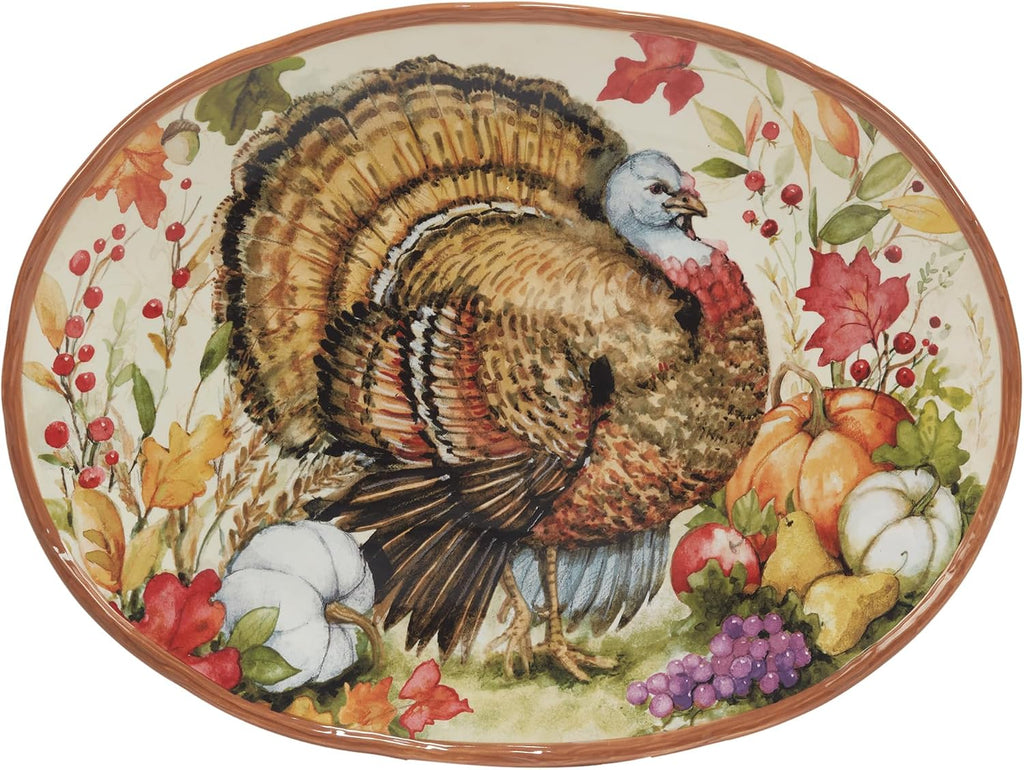 Harvest Blessings Ceramic Oval Turkey Platter - The perfect showpiece for Thanksgiving, this festive platter