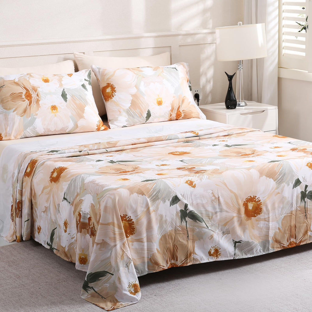 Flower Queen Size 6 Pcs Sheet Set, Breathable Microfiber Deep Pocket Biege Fitted Sheets, Comfy & Breathable
