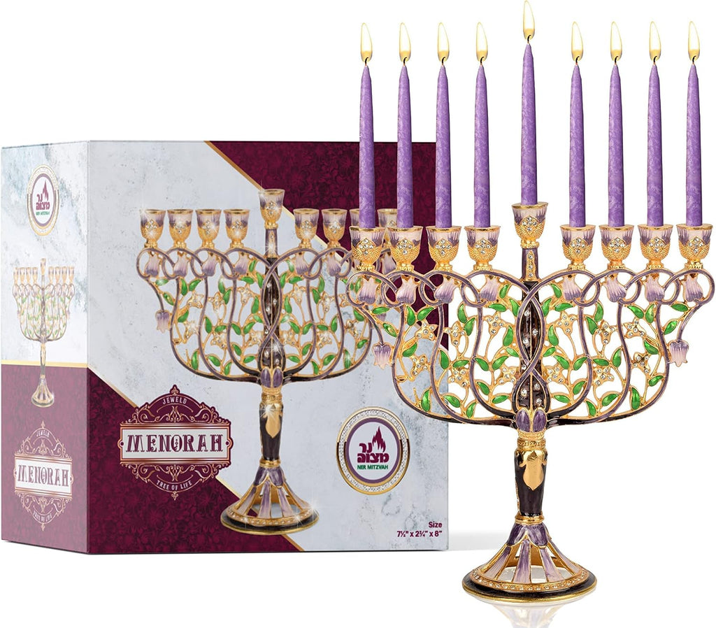 Tree of Life Hanukkah , Fits All Standard Chanukah Candles, Modern Jeweled Candle Menorahs for Chanukah - Multicolored