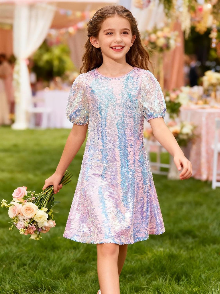 Girls Sparkly Sequin Dress Puff Sleeve for Kids Party Birthday