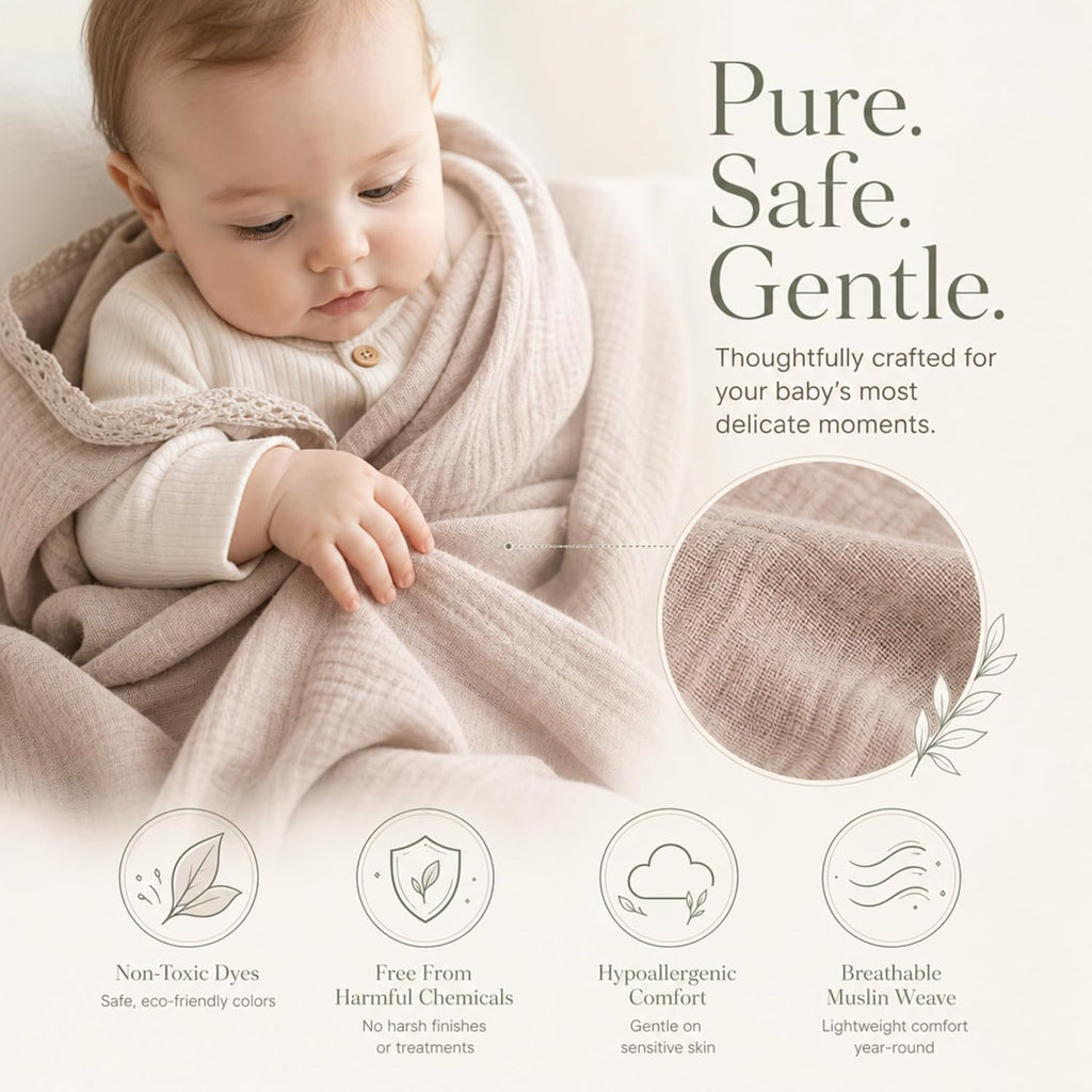 Muslin Baby Blanket - GOTS Certified 100% Cotton, Swaddle, Receiving & Nursing Cover, Soft Breathable Baby Blanket