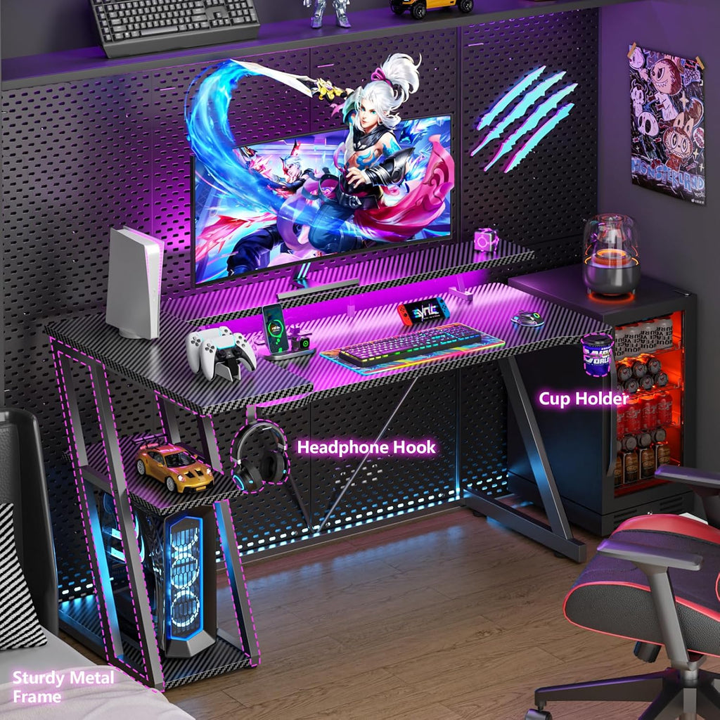 55 Inch Gaming Desk with Power Outlet & LED Lights, L Shaped Gamer Computer Table with Storage Shelves , Corner Home