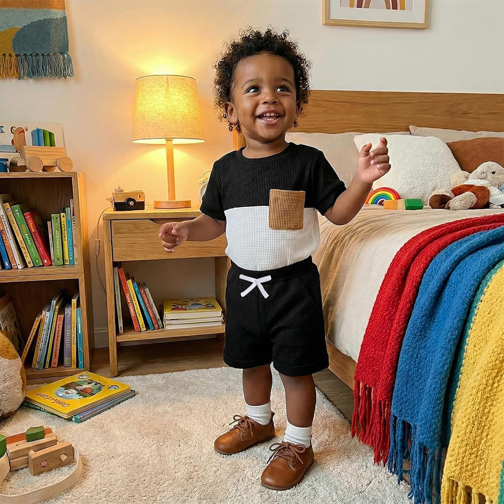 Newborn Baby Boy Summer Outfit Set Contrast Color Romper Tops With Elastic Waist Shorts Cute Infant Waffle Clothes